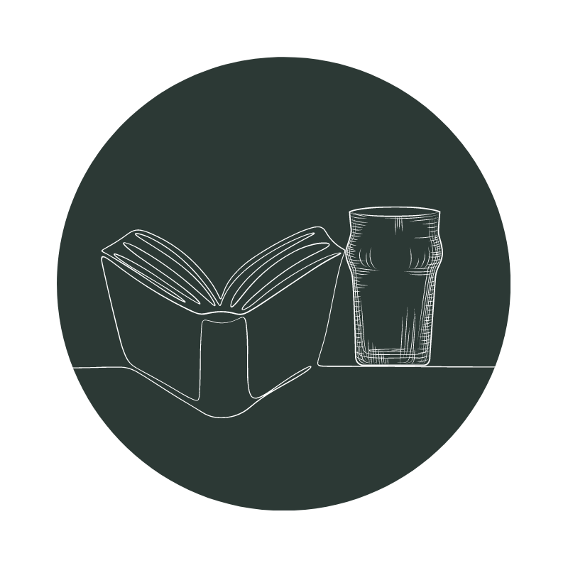 open book and pint glass